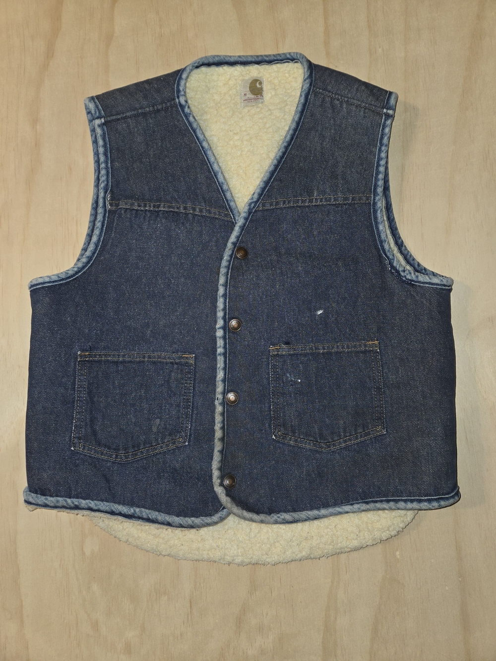 Vintage 80s Carhartt Sherpa Lined Denim Vest Size M Blue Snap Button 8SV Workwea